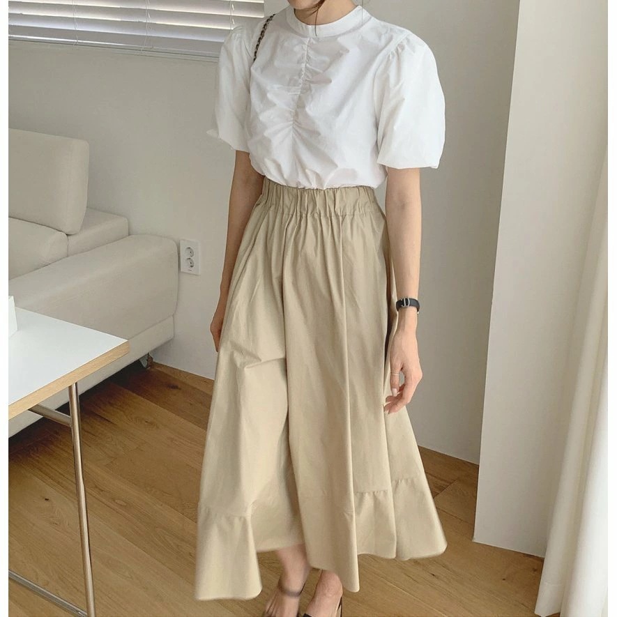 2点セットアップ レディース 夏 オシャレ 通勤 半袖ブラウス白 パフスリーブ フレアスカートロング丈 可愛い 上下セット カジュアル バレンタイン 2025 プレゼント