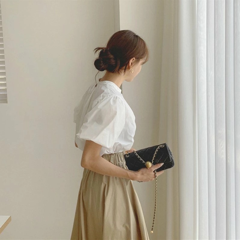 2点セットアップ レディース 夏 オシャレ 通勤 半袖ブラウス白 パフスリーブ フレアスカートロング丈 可愛い 上下セット カジュアル バレンタイン 2025 プレゼント