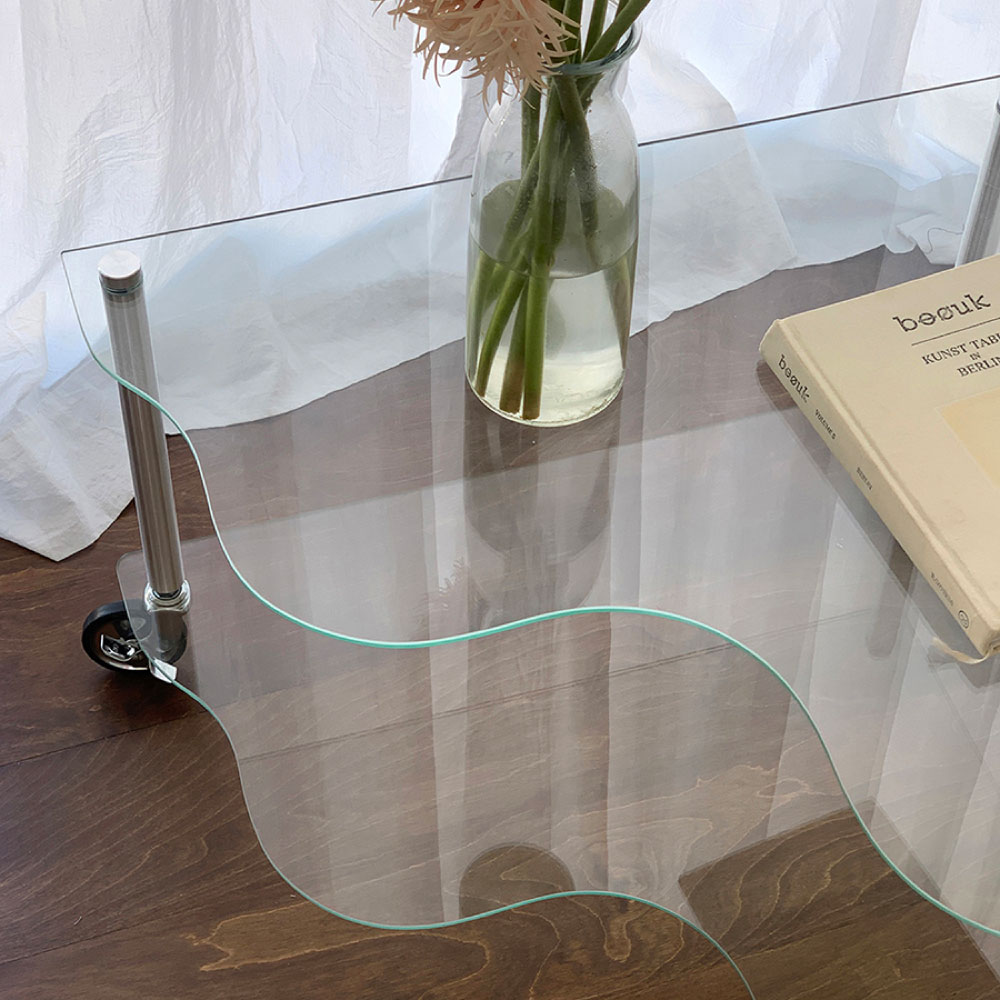 ウェーブトロリーサイドテーブル 韓国インテリア 透明ガラス シルバーフレーム ソファテーブル アルミニウム 63.5×63.5×38.5cm