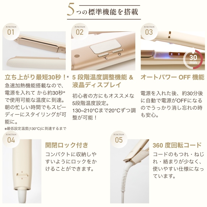 冬季・数量限定 30日間返金保証 海外対応 ストレートヘアアイロン 22mm マイナスイオン ナノオイルコーティングプレート 5段階調整 ホワイトミルクティー 1年保証