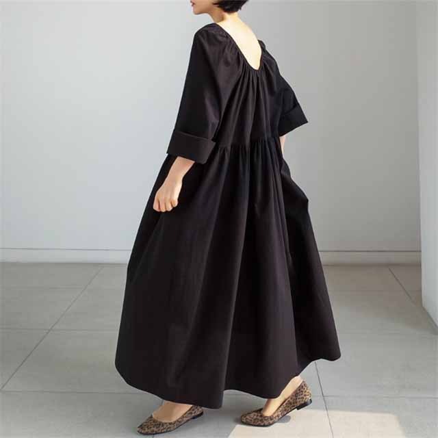 ロング丈 ワンピース バックオープン ハイウエスト ボリューム袖 Aライン フレアスカート コットン ロング丈 ワンピース バックオープン ハイウエスト ボリューム袖 Aライン フレアスカート コットン