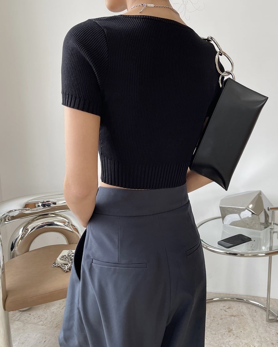 トップス レディース Tシャツ カットソー 袖あり 半袖 Uネック 襟なし リブニット ボディコンシャス タイト クロップ丈 ショート丈 スリム タイト 細身 ストレート スマート かわいい wto0