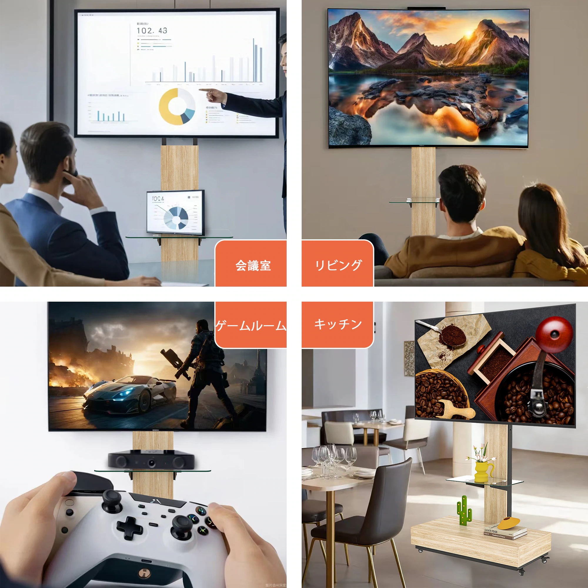 461引き出し付き 可動式TVスタンド 32-75インチ対応 高さ調整可能 木目&ガラス製 キャスター付き リビング・寝室・オフィス用 ナチュラル 461引き出し付き 可動式TVスタンド 32-75インチ対応 高さ調整可能 木目&ガラス製 キャスター付き リビング・寝室・オフィス用 ナチュラル