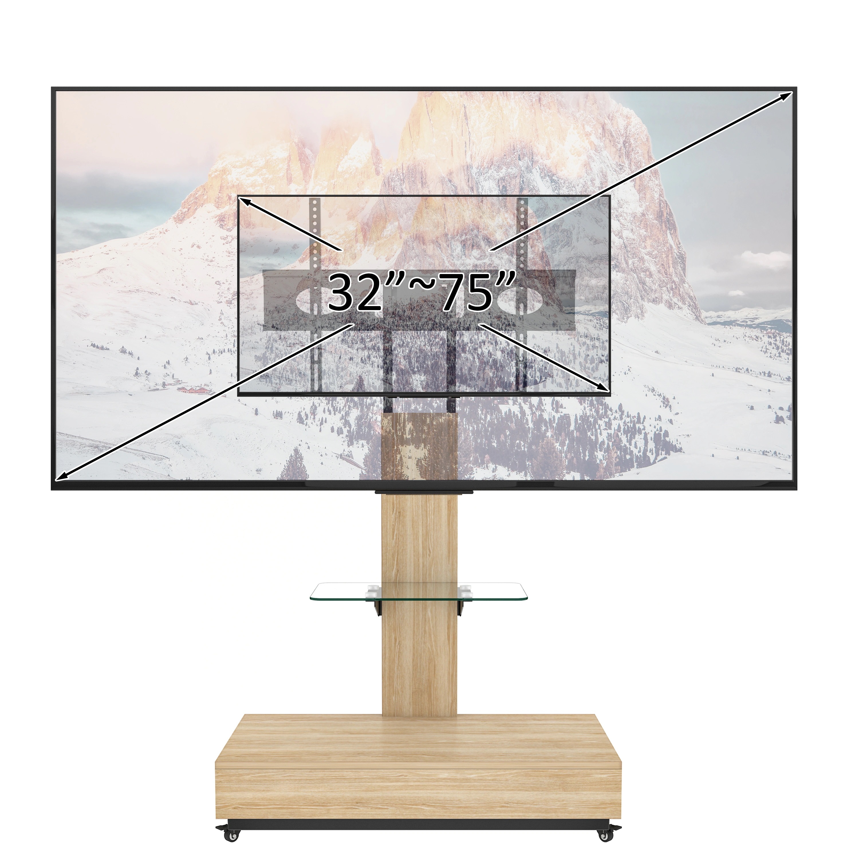 461引き出し付き 可動式TVスタンド 32-75インチ対応 高さ調整可能 木目&ガラス製 キャスター付き リビング・寝室・オフィス用 ナチュラル 461引き出し付き 可動式TVスタンド 32-75インチ対応 高さ調整可能 木目&ガラス製 キャスター付き リビング・寝室・オフィス用 ナチュラル