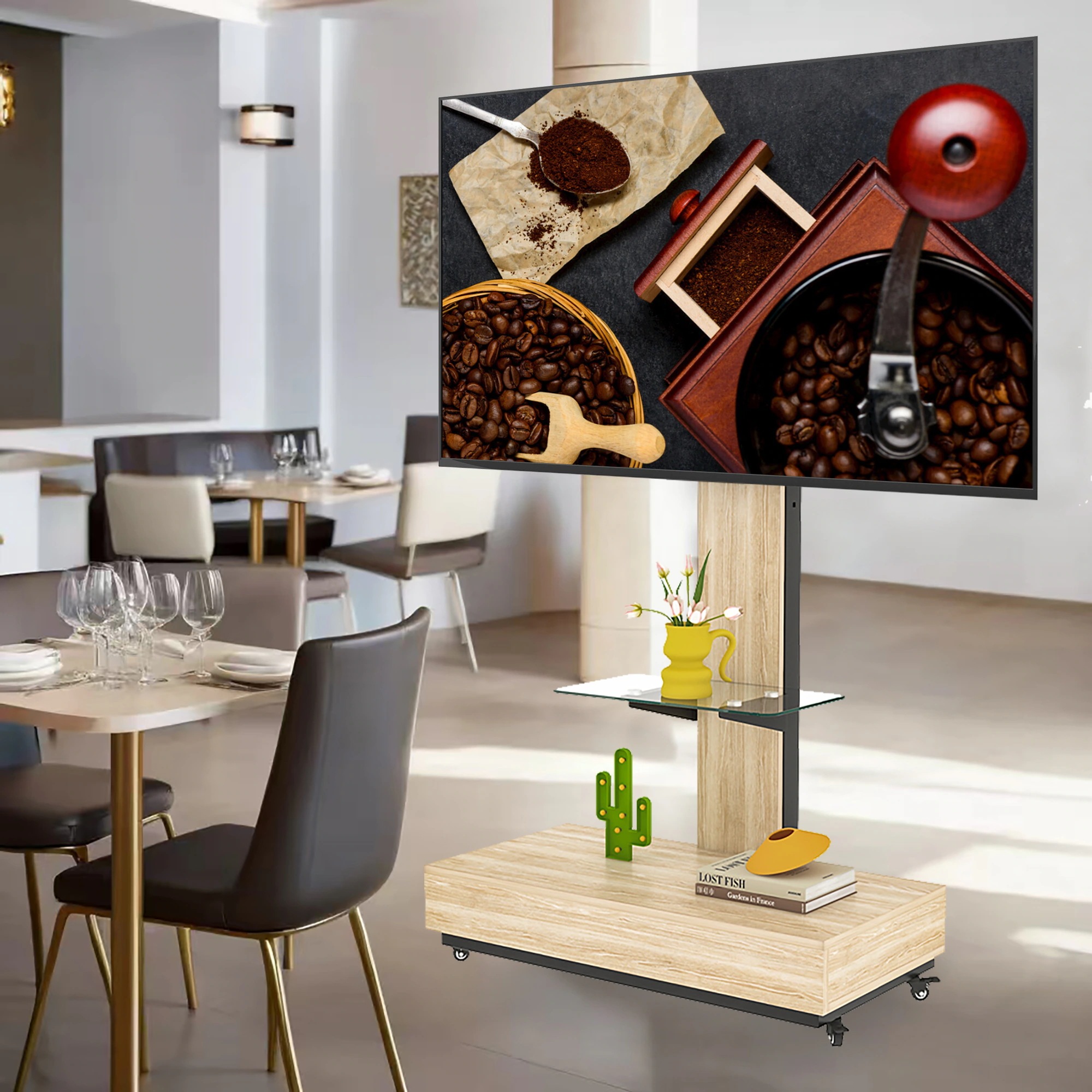 461引き出し付き 可動式TVスタンド 32-75インチ対応 高さ調整可能 木目&ガラス製 キャスター付き リビング・寝室・オフィス用 ナチュラル 461引き出し付き 可動式TVスタンド 32-75インチ対応 高さ調整可能 木目&ガラス製 キャスター付き リビング・寝室・オフィス用 ナチュラル