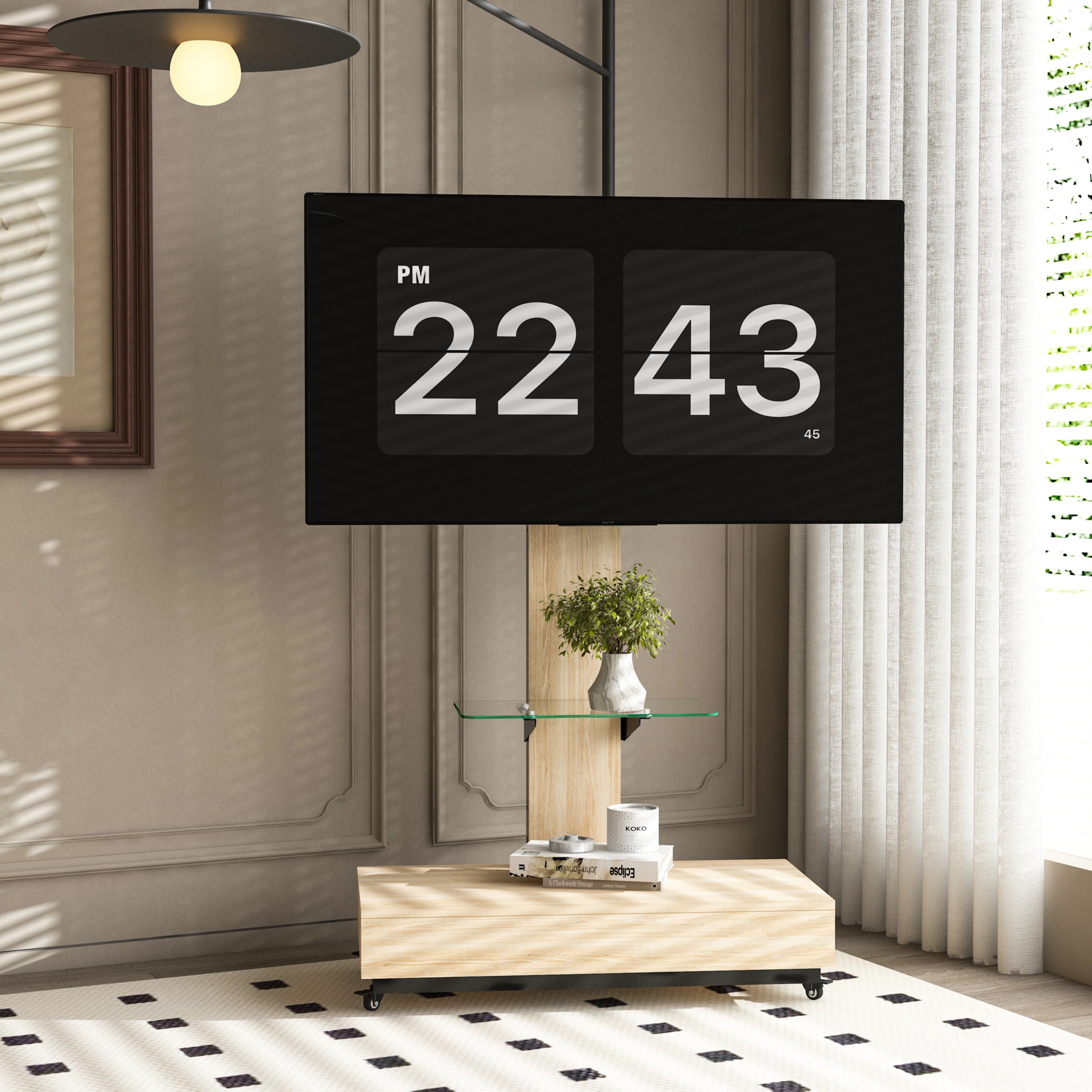 461引き出し付き 可動式TVスタンド 32-75インチ対応 高さ調整可能 木目&ガラス製 キャスター付き リビング・寝室・オフィス用 ナチュラル 461引き出し付き 可動式TVスタンド 32-75インチ対応 高さ調整可能 木目&ガラス製 キャスター付き リビング・寝室・オフィス用 ナチュラル