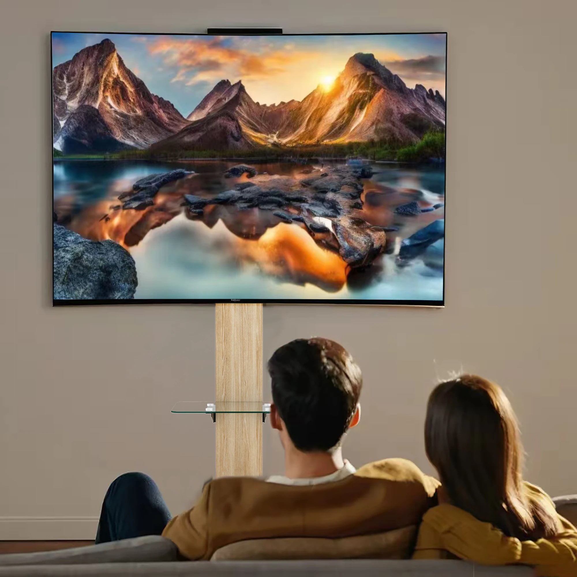 461引き出し付き 可動式TVスタンド 32-75インチ対応 高さ調整可能 木目&ガラス製 キャスター付き リビング・寝室・オフィス用 ナチュラル 461引き出し付き 可動式TVスタンド 32-75インチ対応 高さ調整可能 木目&ガラス製 キャスター付き リビング・寝室・オフィス用 ナチュラル