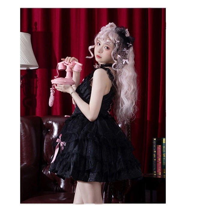 ロリータプレミアムジャンスカにハイウエスト レースアップ リボン 春夏 キャミワンピース かわいい フェミニン フリル ひざ上丈 ショート丈 ふんわり ゴスロリ 甘ロリ 姫ロリ ワンピース お嬢様 レ