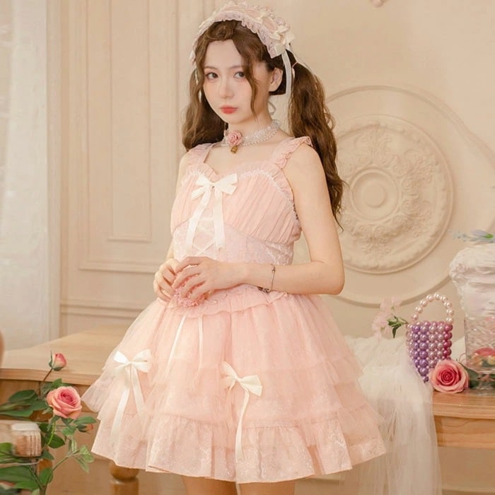 ロリータプレミアムジャンスカにハイウエスト レースアップ リボン 春夏 キャミワンピース かわいい フェミニン フリル ひざ上丈 ショート丈 ふんわり ゴスロリ 甘ロリ 姫ロリ ワンピース お嬢様 レ