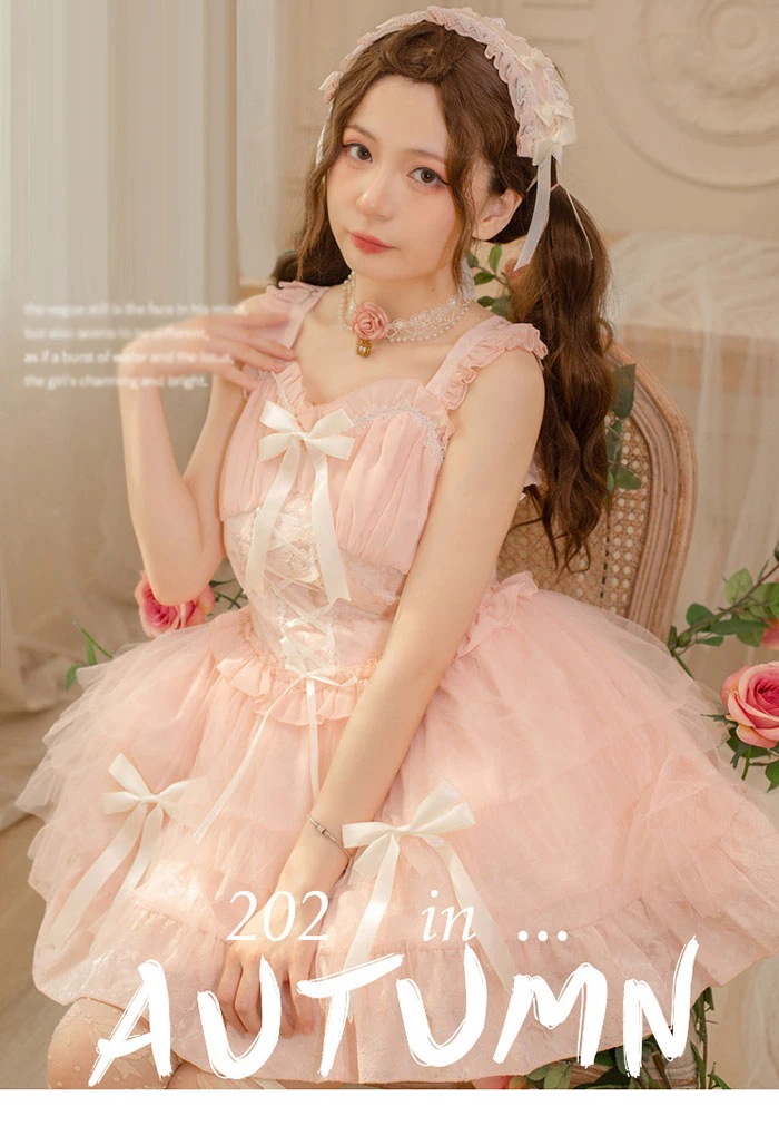 ロリータプレミアムジャンスカにハイウエスト レースアップ リボン 春夏 キャミワンピース かわいい フェミニン フリル ひざ上丈 ショート丈 ふんわり ゴスロリ 甘ロリ 姫ロリ ワンピース お嬢様 レ