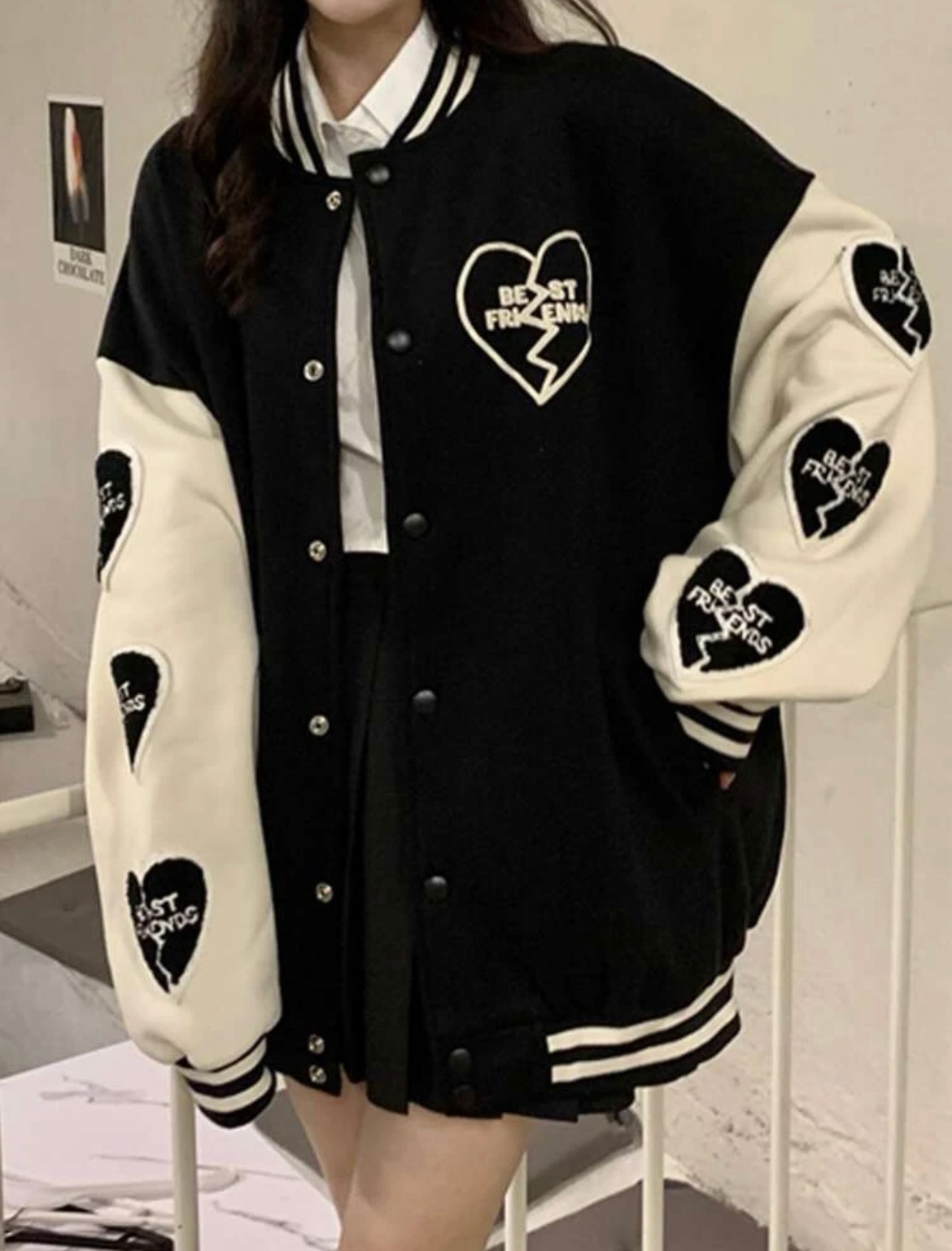 ハート 可愛い モノクロ ストライプ ゆったり ジャケット ハート 可愛い モノクロ ストライプ ゆったり ジャケット