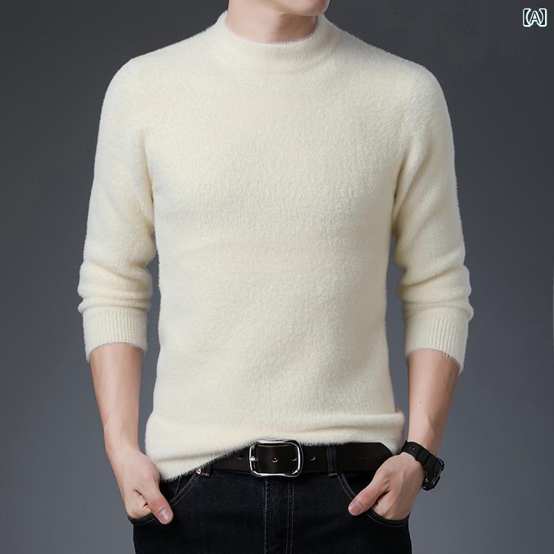 メンズ ファッション シンプル おしゃれ ファー セーター 秋冬 韓国 スリム ハーフ タートルネックセーター カラー セーター