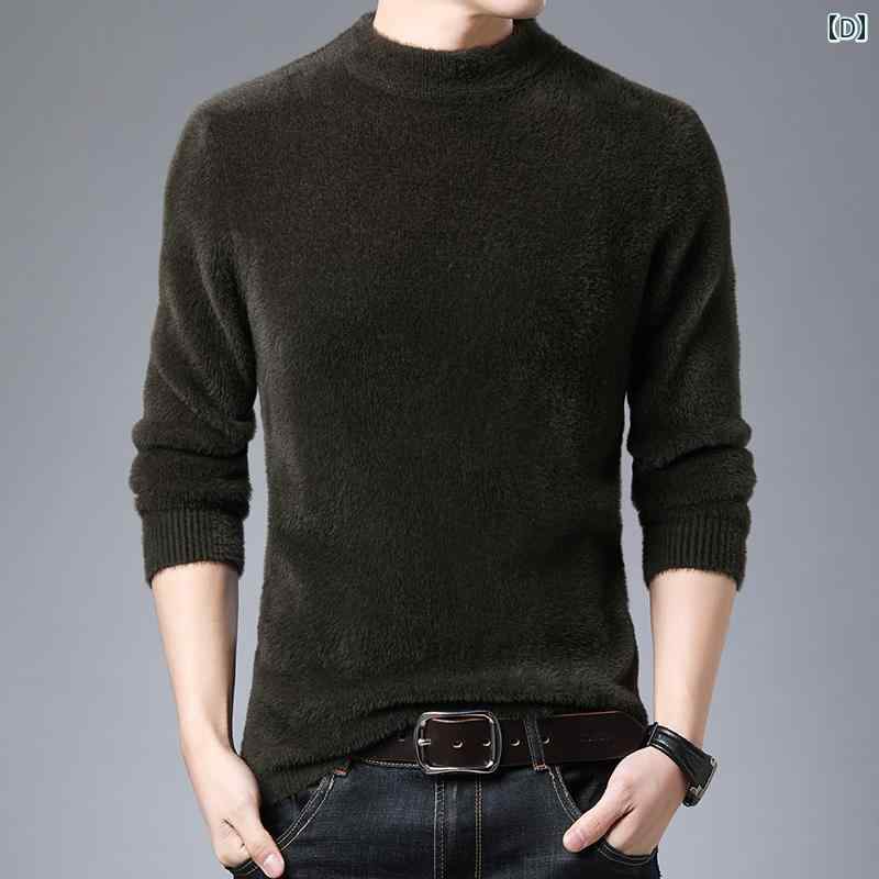 メンズ ファッション シンプル おしゃれ ファー セーター 秋冬 韓国 スリム ハーフ タートルネックセーター カラー セーター