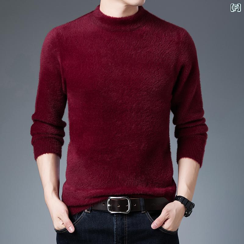 メンズ ファッション シンプル おしゃれ ファー セーター 秋冬 韓国 スリム ハーフ タートルネックセーター カラー セーター