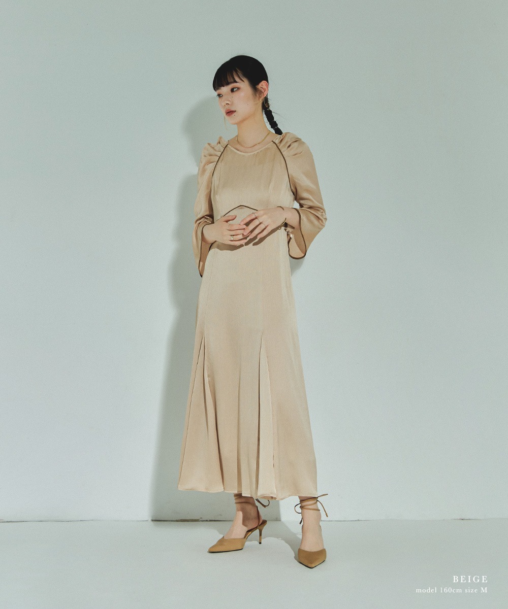 結婚式 ワンピース パーティードレス スリットスリーブ パイピング サテン パワーショルダー ロング丈 袖あり 長袖 シンプル 無地 ロングドレス オケージョン 1.5次会 春夏 秋冬 二次会