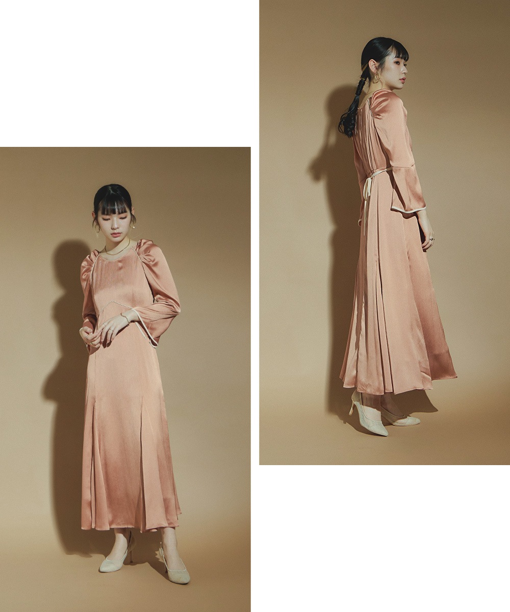 結婚式 ワンピース パーティードレス スリットスリーブ パイピング サテン パワーショルダー ロング丈 袖あり 長袖 シンプル 無地 ロングドレス オケージョン 1.5次会 春夏 秋冬 二次会