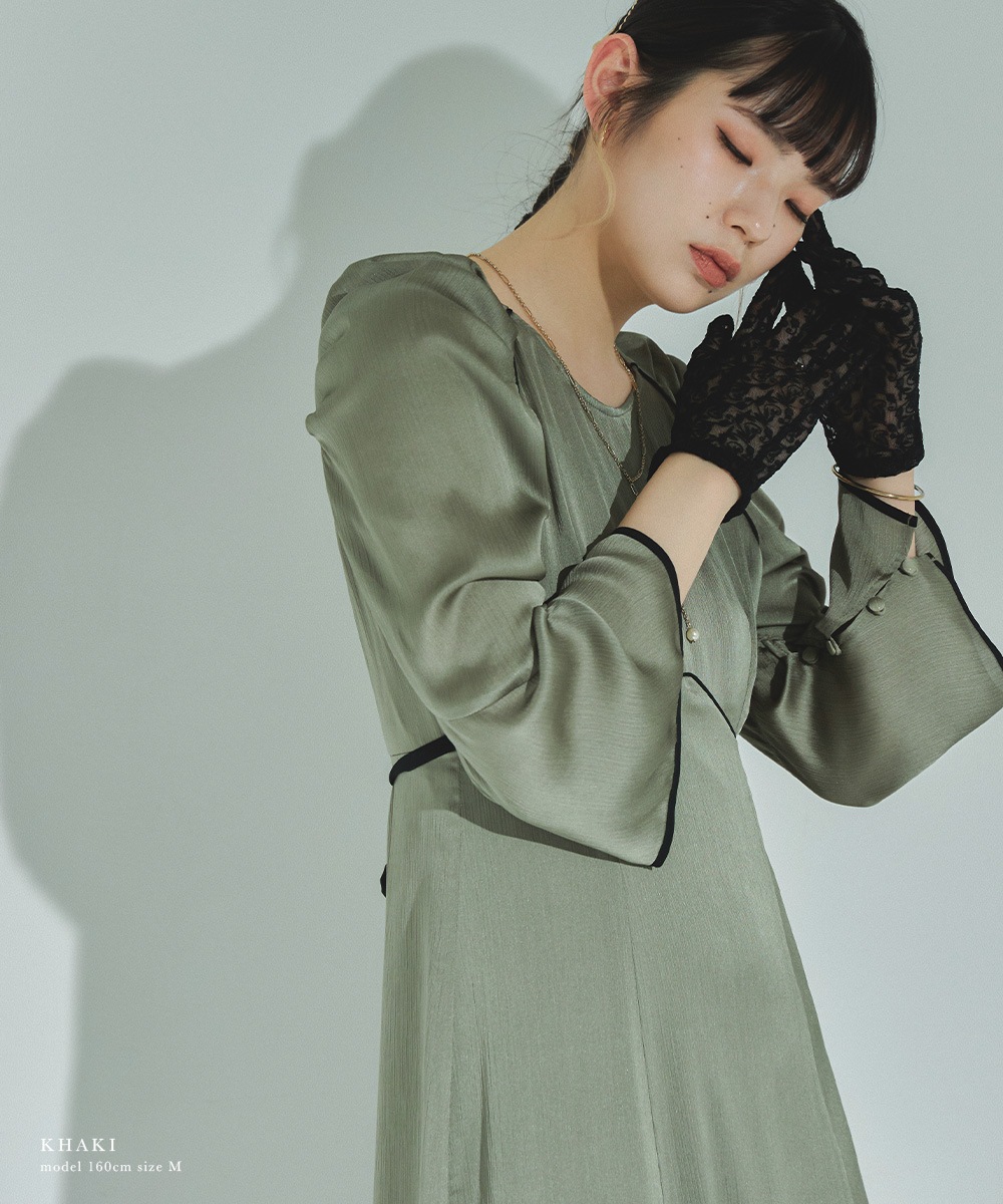 結婚式 ワンピース パーティードレス スリットスリーブ パイピング サテン パワーショルダー ロング丈 袖あり 長袖 シンプル 無地 ロングドレス オケージョン 1.5次会 春夏 秋冬 二次会