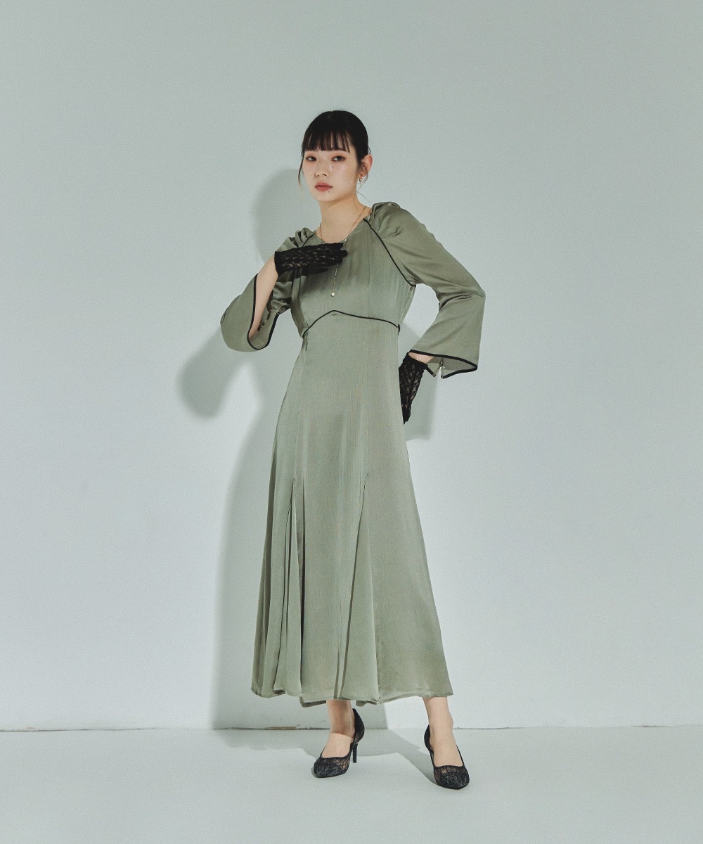 結婚式 ワンピース パーティードレス スリットスリーブ パイピング サテン パワーショルダー ロング丈 袖あり 長袖 シンプル 無地 ロングドレス オケージョン 1.5次会 春夏 秋冬 二次会