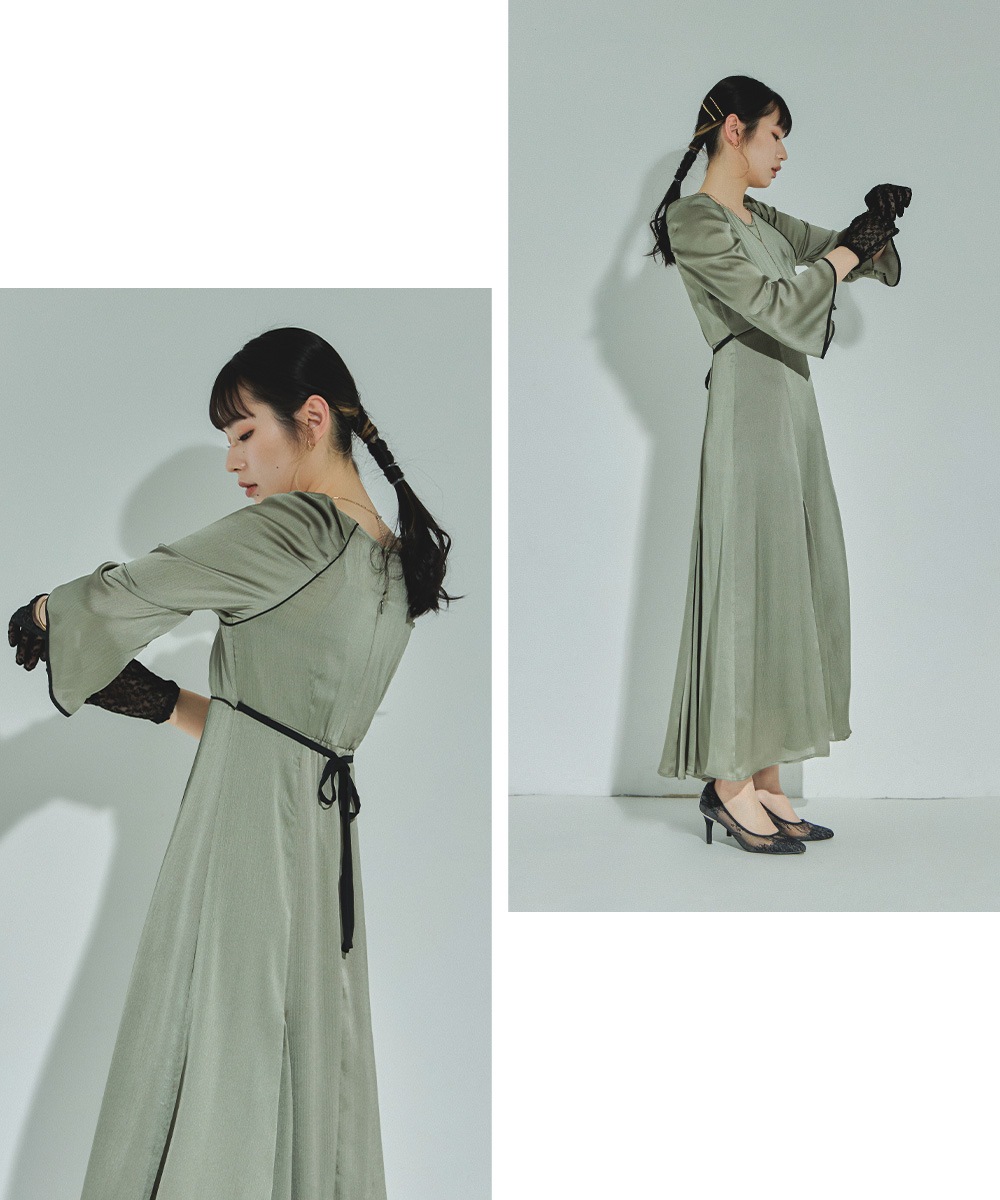 結婚式 ワンピース パーティードレス スリットスリーブ パイピング サテン パワーショルダー ロング丈 袖あり 長袖 シンプル 無地 ロングドレス オケージョン 1.5次会 春夏 秋冬 二次会