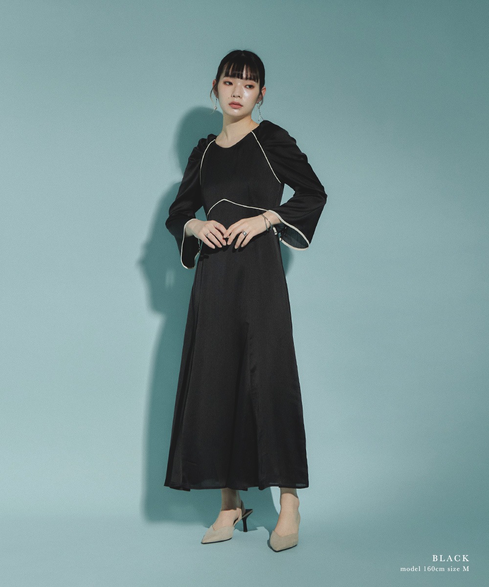 結婚式 ワンピース パーティードレス スリットスリーブ パイピング サテン パワーショルダー ロング丈 袖あり 長袖 シンプル 無地 ロングドレス オケージョン 1.5次会 春夏 秋冬 二次会
