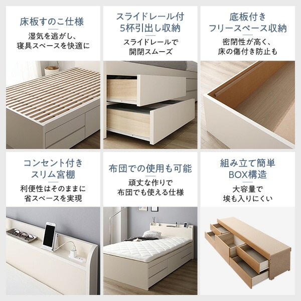 [組立設置付]収納ベッド 宮付 通常丈 シングル 国産ポケットコイルマットレス付 ホワイト 収納付
