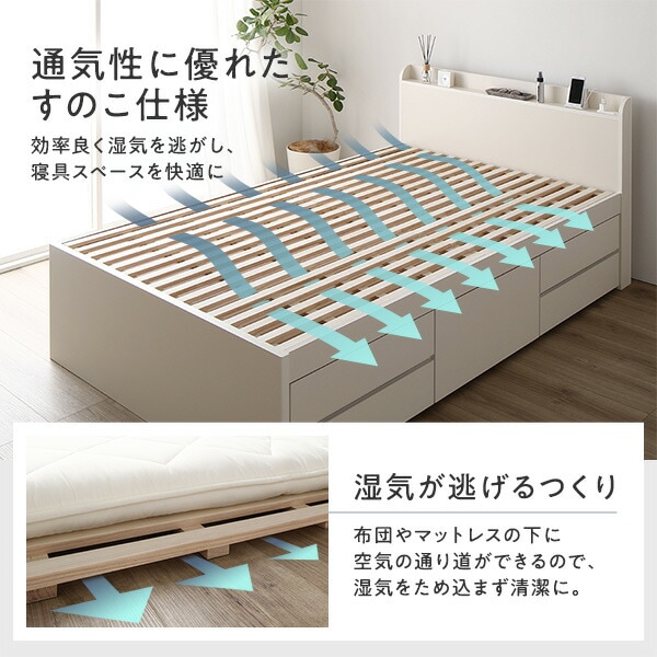 [組立設置付]収納ベッド 宮付 通常丈 シングル 国産ポケットコイルマットレス付 ホワイト 収納付
