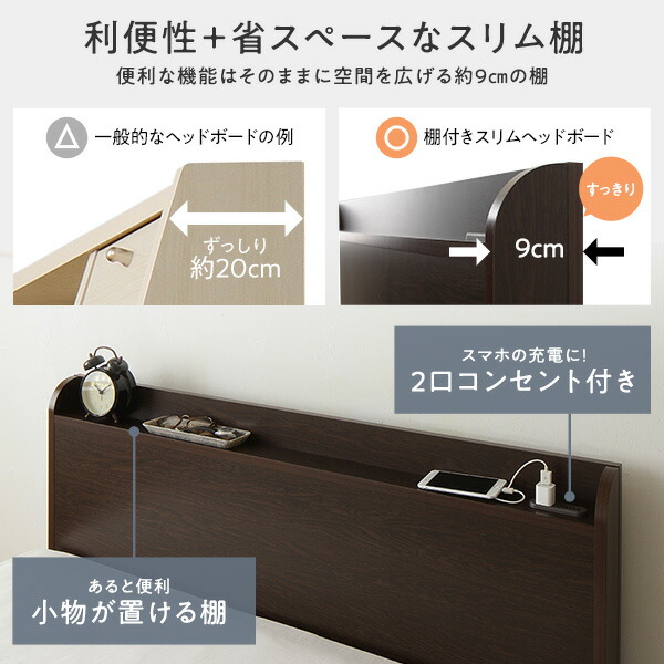 [組立設置付]収納ベッド 宮付 通常丈 シングル 国産ポケットコイルマットレス付 ホワイト 収納付