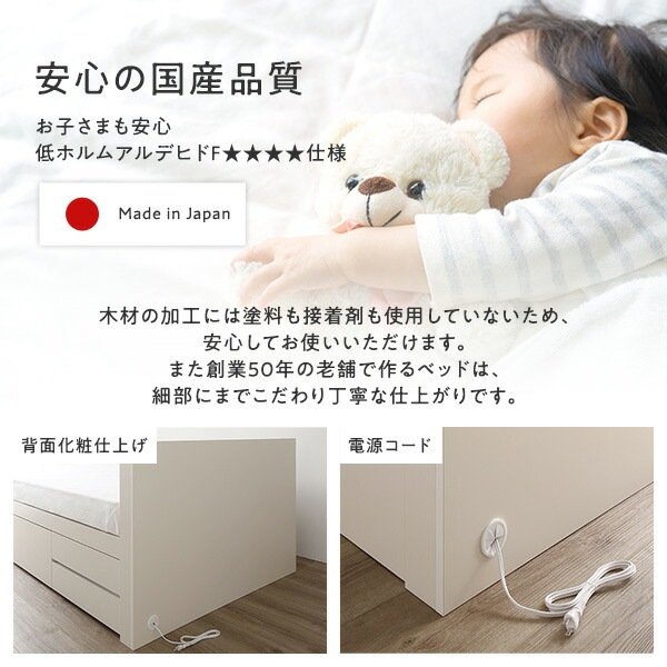 [組立設置付]収納ベッド 宮付 通常丈 シングル 国産ポケットコイルマットレス付 ホワイト 収納付