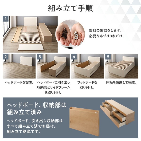 [組立設置付]収納ベッド 宮付 通常丈 シングル 国産ポケットコイルマットレス付 ホワイト 収納付