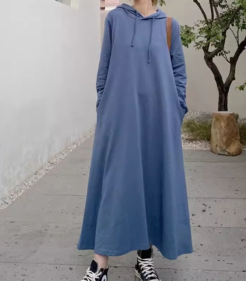 スウェット風 レディース ワンピース プルオーバー スウェットワンピース ロング 長袖 Aライン フード コットン かわいい 大人可愛い きれいめ シンプル カジュアル 上品 おしゃれ レトロ ラフ