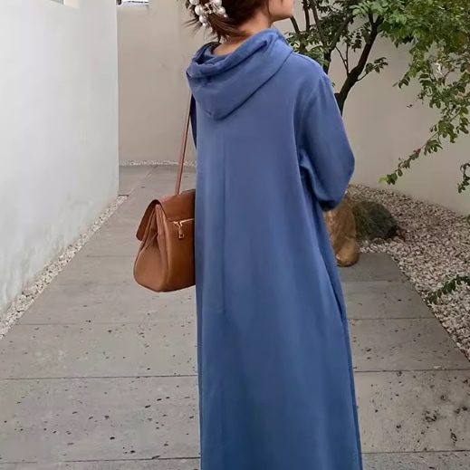 スウェット風 レディース ワンピース プルオーバー スウェットワンピース ロング 長袖 Aライン フード コットン かわいい 大人可愛い きれいめ シンプル カジュアル 上品 おしゃれ レトロ ラフ