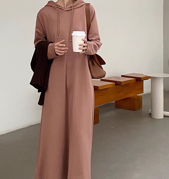 スウェット風 レディース ワンピース プルオーバー スウェットワンピース ロング 長袖 Aライン フード コットン かわいい 大人可愛い きれいめ シンプル カジュアル 上品 おしゃれ レトロ ラフ