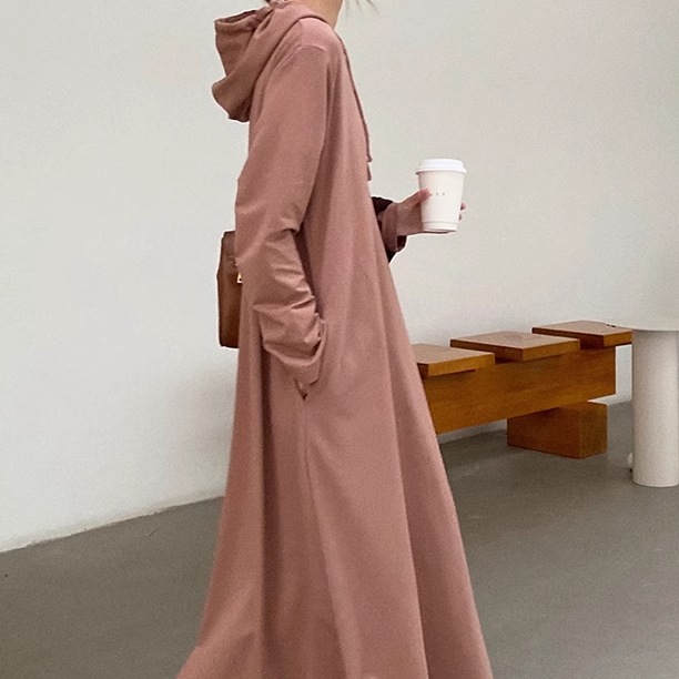 スウェット風 レディース ワンピース プルオーバー スウェットワンピース ロング 長袖 Aライン フード コットン かわいい 大人可愛い きれいめ シンプル カジュアル 上品 おしゃれ レトロ ラフ