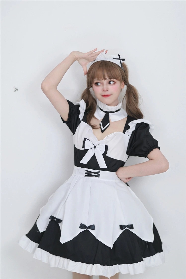 メイド レディース 正統派メイド 半袖 フリル ボウタイ ネクタイ ぽわん袖 メイド喫茶 メイドカフェ ワンピ コスプレ ワンピース メイド服 レース ミニ丈 学園祭 文化祭 イベント コスプレ コス