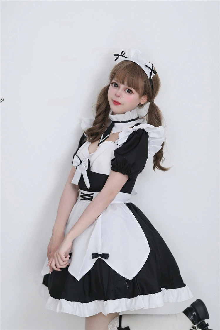 メイド レディース 正統派メイド 半袖 フリル ボウタイ ネクタイ ぽわん袖 メイド喫茶 メイドカフェ ワンピ コスプレ ワンピース メイド服 レース ミニ丈 学園祭 文化祭 イベント コスプレ コス