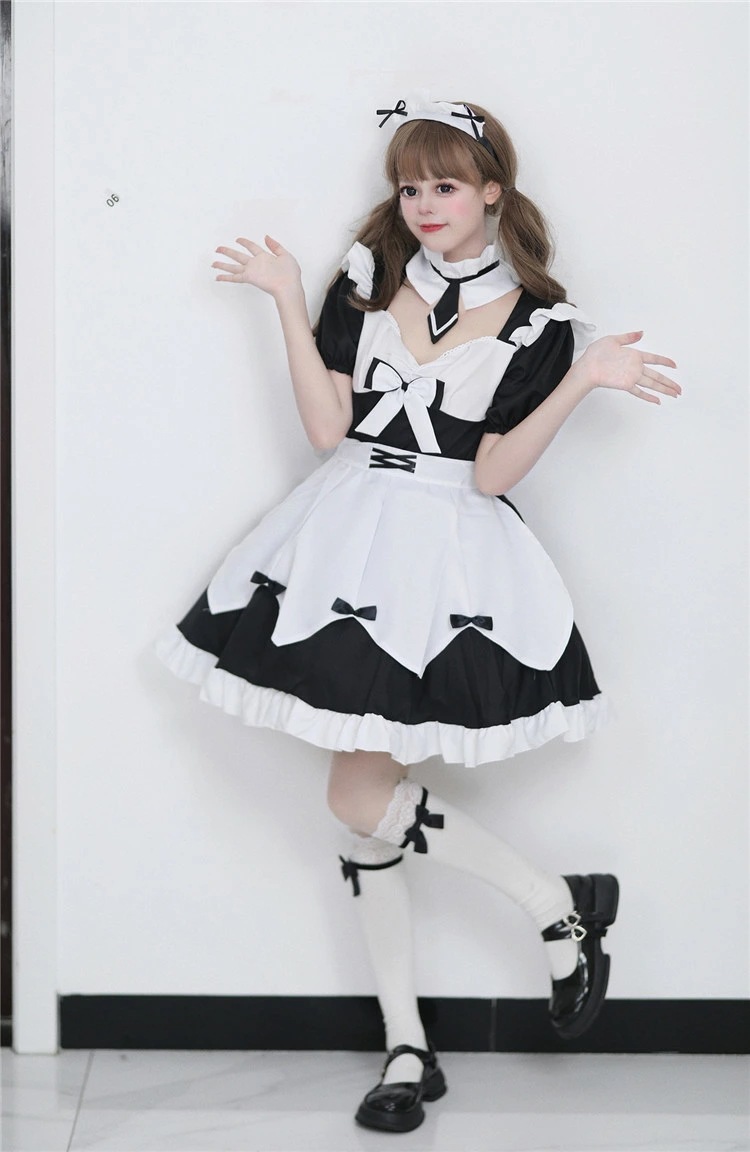 メイド レディース 正統派メイド 半袖 フリル ボウタイ ネクタイ ぽわん袖 メイド喫茶 メイドカフェ ワンピ コスプレ ワンピース メイド服 レース ミニ丈 学園祭 文化祭 イベント コスプレ コス