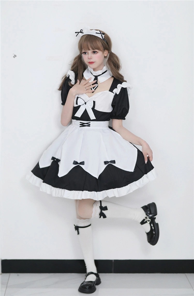 メイド レディース 正統派メイド 半袖 フリル ボウタイ ネクタイ ぽわん袖 メイド喫茶 メイドカフェ ワンピ コスプレ ワンピース メイド服 レース ミニ丈 学園祭 文化祭 イベント コスプレ コス