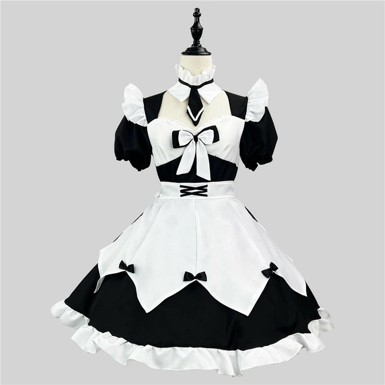 メイド レディース 正統派メイド 半袖 フリル ボウタイ ネクタイ ぽわん袖 メイド喫茶 メイドカフェ ワンピ コスプレ ワンピース メイド服 レース ミニ丈 学園祭 文化祭 イベント コスプレ コス