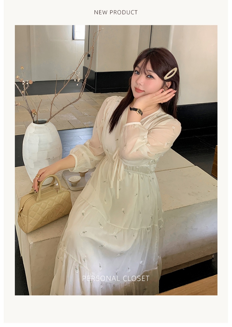 【ぽちゃまに】 2024秋新品 フランス風 レトロ ワンピース Ｖネック 体型カバー 大きいサイズ レディース ロングワンピース メガ割