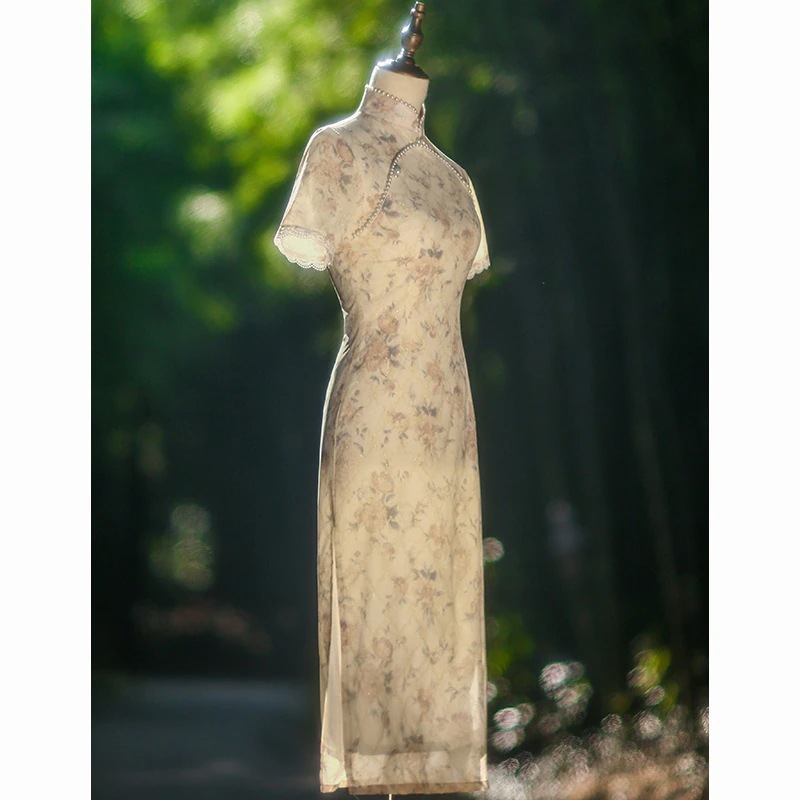 ワンピースドレスドレスヤングシフォンチョンサムは女の子の春と夏の毎日の気質を改善します ワンピースドレスドレスヤングシフォンチョンサムは女の子の春と夏の毎日の気質を改善します