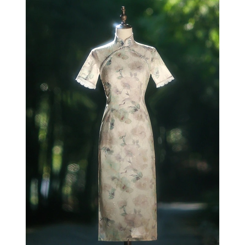 ワンピースドレスドレスヤングシフォンチョンサムは女の子の春と夏の毎日の気質を改善します ワンピースドレスドレスヤングシフォンチョンサムは女の子の春と夏の毎日の気質を改善します