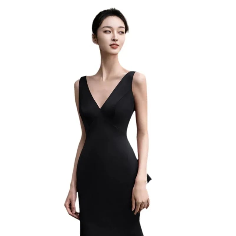 【急速出荷!】パーティードレス 誕生日 演奏会 花嫁 司会 サテンブラックイブニングドレス2025新しいVネック控えめな雰囲気の気質スリムバンケットドレスフランス