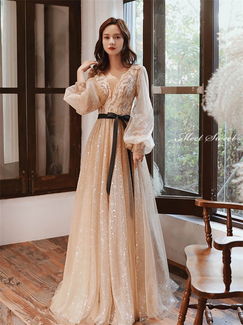 カラードレス ファスナー パーティードレス フォーマルドレス ロングドレス 長袖 結婚式 二次会 発表会 ウエディングドレス 花嫁 演奏会 ゴールド 前撮り 音楽会 ゲストドレス ウェディングドレス