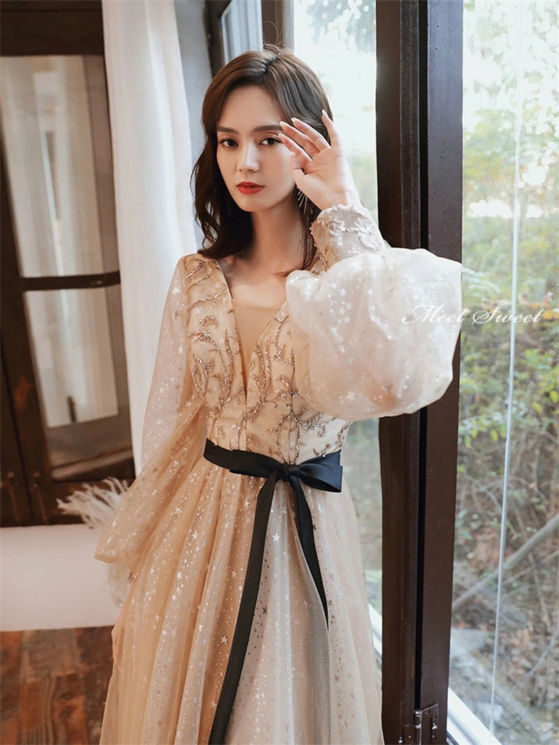 カラードレス ファスナー パーティードレス フォーマルドレス ロングドレス 長袖 結婚式 二次会 発表会 ウエディングドレス 花嫁 演奏会 ゴールド 前撮り 音楽会 ゲストドレス ウェディングドレス