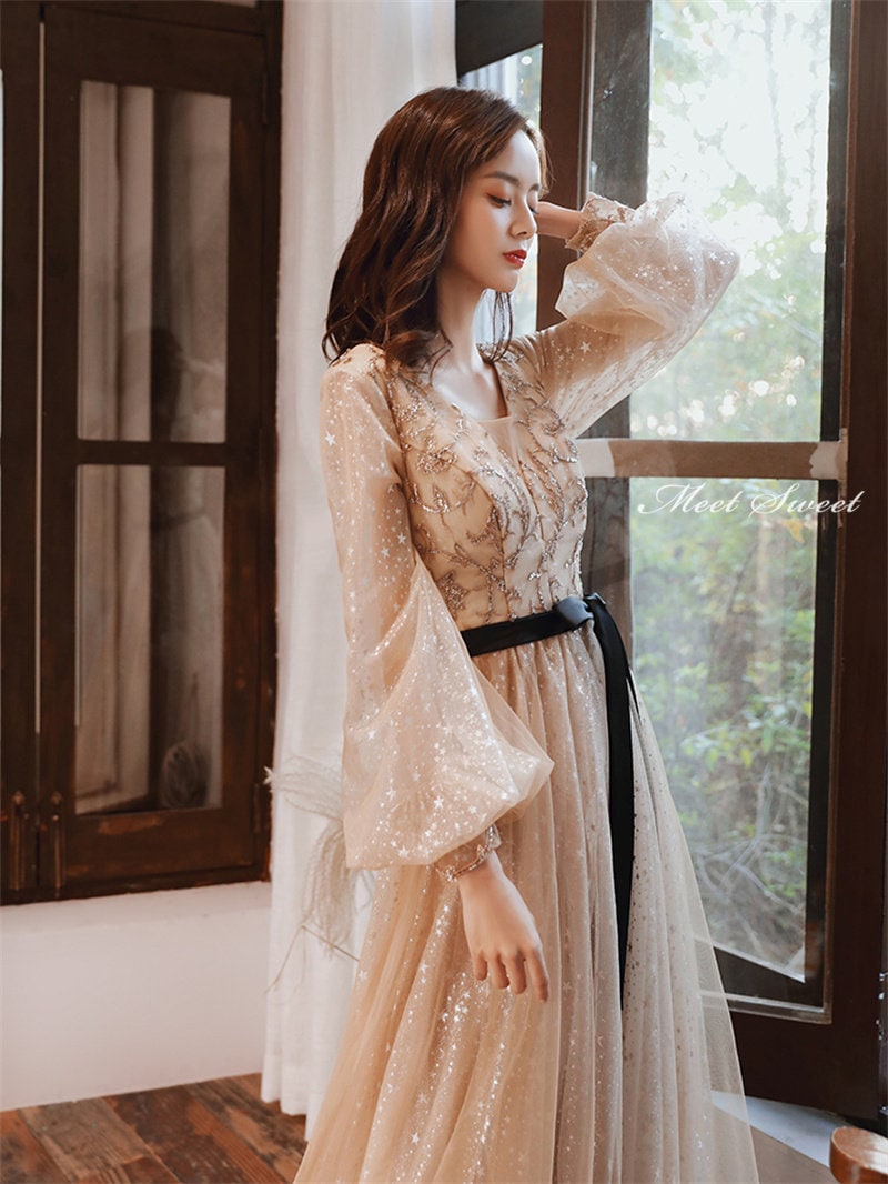 カラードレス ファスナー パーティードレス フォーマルドレス ロングドレス 長袖 結婚式 二次会 発表会 ウエディングドレス 花嫁 演奏会 ゴールド 前撮り 音楽会 ゲストドレス ウェディングドレス