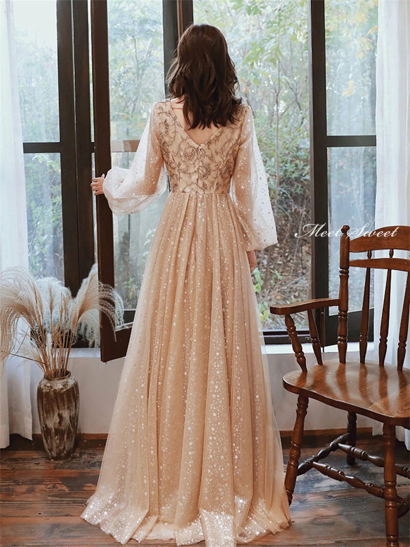 カラードレス ファスナー パーティードレス フォーマルドレス ロングドレス 長袖 結婚式 二次会 発表会 ウエディングドレス 花嫁 演奏会 ゴールド 前撮り 音楽会 ゲストドレス ウェディングドレス