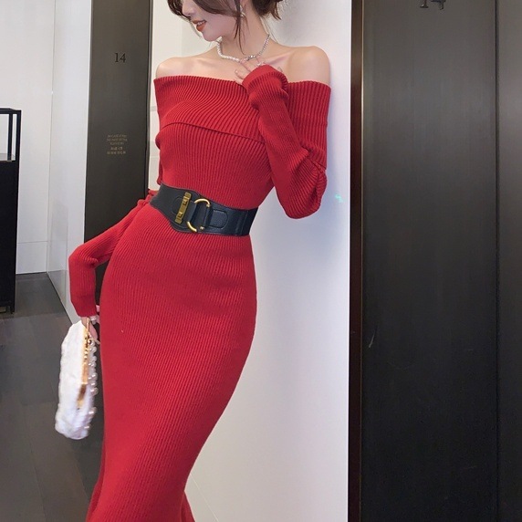 ワンピース レディース ロングワンピース S M L 韓国 マーメイドワンピース ロング丈 長袖 オフショルダー スレンダーライン 異素材ドッキング ウエストベルト ニット きれいめ 大人 お洒落