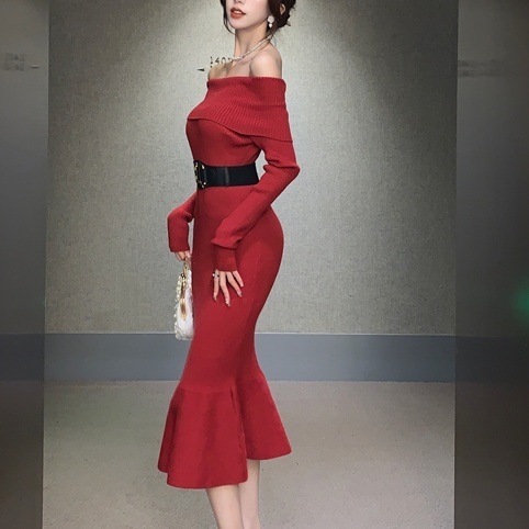 ワンピース レディース ロングワンピース S M L 韓国 マーメイドワンピース ロング丈 長袖 オフショルダー スレンダーライン 異素材ドッキング ウエストベルト ニット きれいめ 大人 お洒落