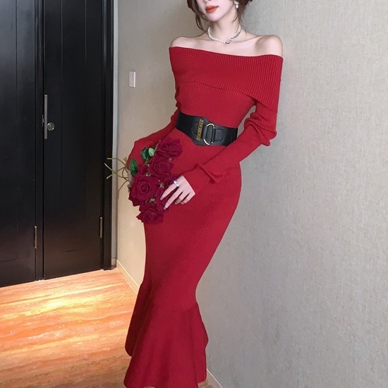 ワンピース レディース ロングワンピース S M L 韓国 マーメイドワンピース ロング丈 長袖 オフショルダー スレンダーライン 異素材ドッキング ウエストベルト ニット きれいめ 大人 お洒落
