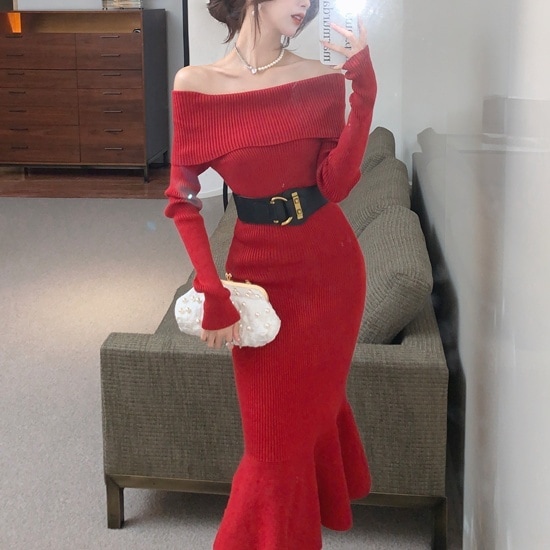 ワンピース レディース ロングワンピース S M L 韓国 マーメイドワンピース ロング丈 長袖 オフショルダー スレンダーライン 異素材ドッキング ウエストベルト ニット きれいめ 大人 お洒落